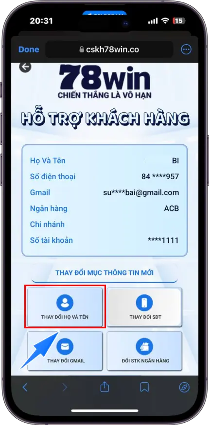 Bước 2 : Chọn Thay đổi HỌ VÀ TÊN